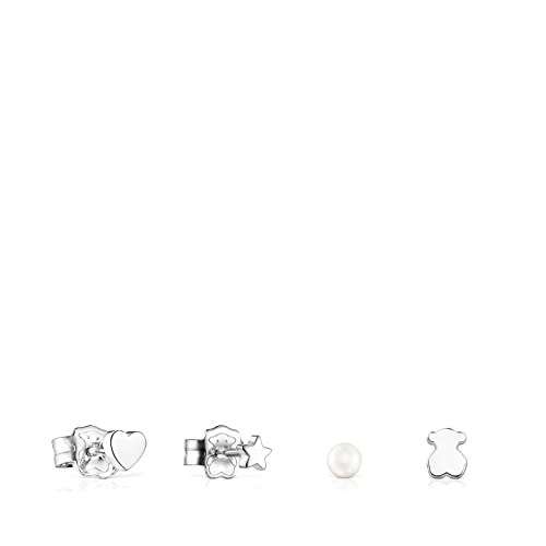 TOUS Pack 4 Pendientes de Plata de Primera Ley para Mujer con Perla Cultivada y Motivos de Oso, Corazón, Estrella y Perla con Cierre de Presión, Elegante y Versátil, Colección Cool Joy