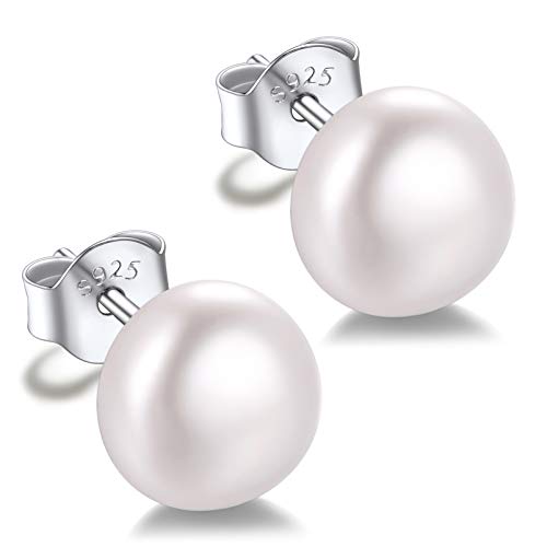 Silvora 8MM Perlas Rosa Semiplanas Pendientes de plata con perlas agua dulce Pendientes mujer hipoalergenico Gratis caja de regalo