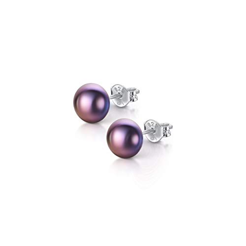 Amberta Pendientes de Botón para Mujer en Plata de Ley 925 con Perlas de Agua Dulce: Perla Blanca Chapada en Oro 7-8 mm