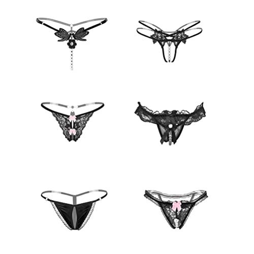 Kissecret Tanga de Encaje Negro para Mujer Paquete de 6 lencería y Ropa Interior Sexy Lingerie Strings (L, 6 Negro)