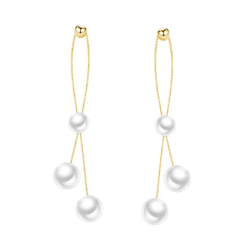 SLUYNZ Perlas de plata esterlina Cuelga pendientes para mujeres Perlas de boda para niñas adolescentes Cuelgan pendientes Borla larga (B-Gold)