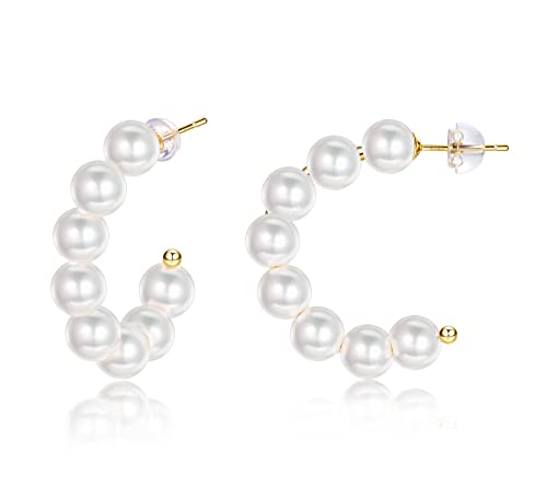 ORAZIO Pendientes de Aros de Perla para Mujer, Pendientes Pequeños con Aguja de Plata de Ley 925, Chapado en Oro Pendientes Abierto de Perlas Pendientes de Medio Aro de Perlas para Novias