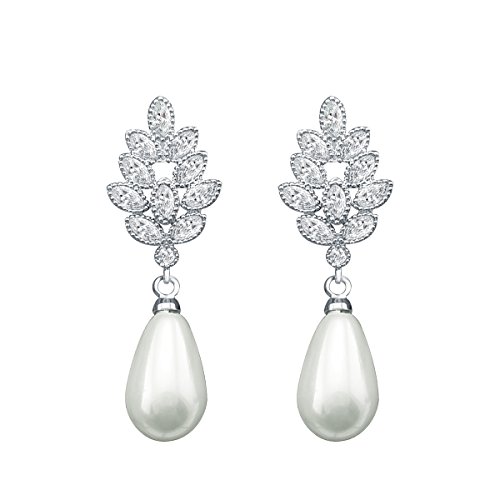 QUKE Pendientes de mujer con circonita cúbica y perlas de imitación de cristal de tono plateado, Perla