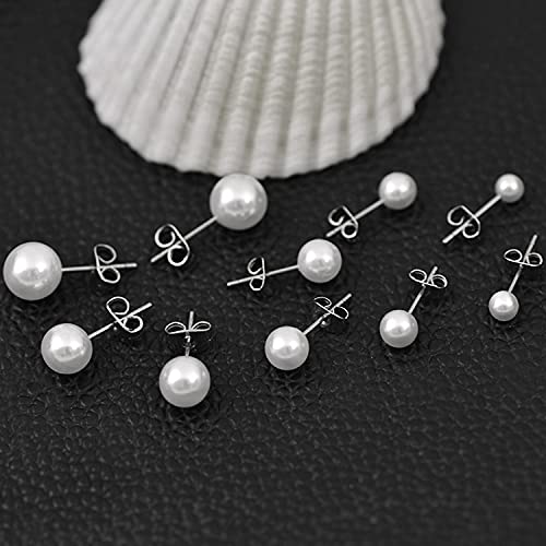 Zeayebsr 5 pares Pendientes de Perlas Blanca Plata de Ley 925 para Mujeres, Pendientes de oreja Cierre Presión Hipoalergénicas