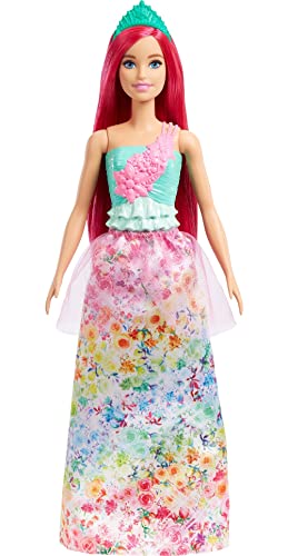 Barbie Real Muñeca rubia con corona rosa y falda estampada de flores con tul, juguete +3 años (Mattel HGR15)