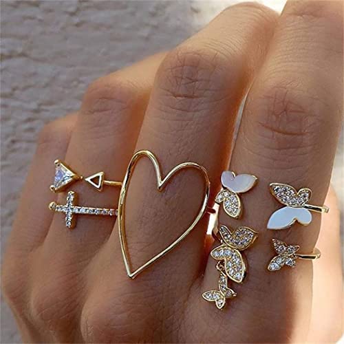 Prosy Boho Crystal Mariposa/Flor/Media luna/Ola/Estrella/Corazón/Ópalo Juego de anillos para nudillos Anillo de dedo dorado apilable para mujeres y niñas (B)