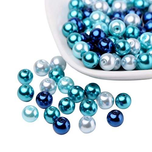 PandaHall Elite - Lote de 100 cuentas de cristal redondas, perlas de nácar, perlas separadoras azules del Caribe para bricolaje, fabricación de joyas, collares y pulseras (8 mm), agujero: 1 mm