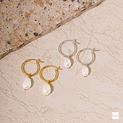 Amberta Pendientes de Perlas de Agua Dulce para Mujer en Plata de Ley 925: Pendientes de Aros con Perla 12 mm - Plata